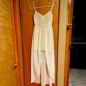 White and gold open sheer dress